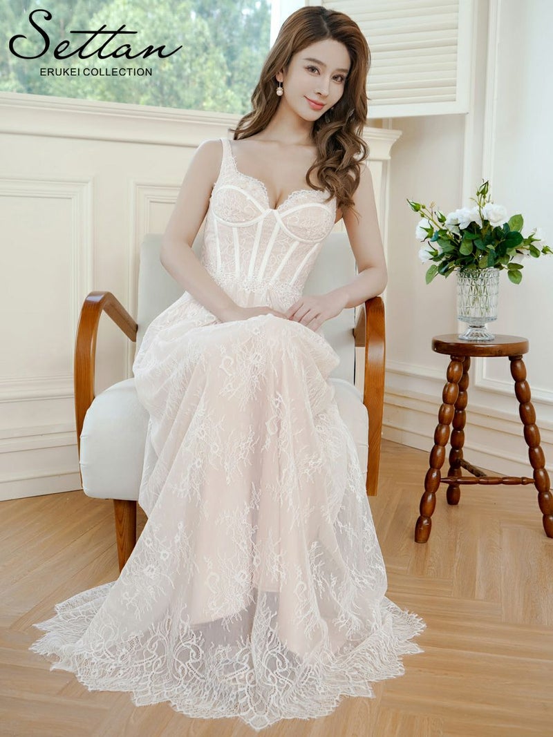 ERUKEI エルケイ ホワイト・総レース・コルセット・ビーズ・スパンコール刺繡・エレガント・ノースリーブ・Aライン・ロングドレス ek-s37088