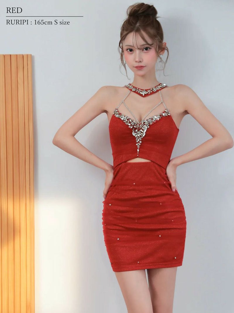 AngelR エンジェルアール ホルターネックビジューウエストカットラメメッシュタイトミニドレス ar25870