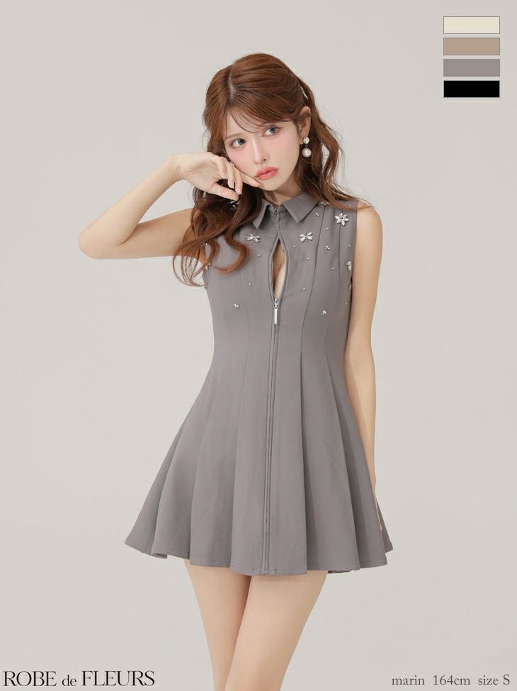 ROBE de FLEURS ローブドフルール 【XS～Lサイズあり】襟付きノースリーブフレアミニキャバドレス fm4156-c
