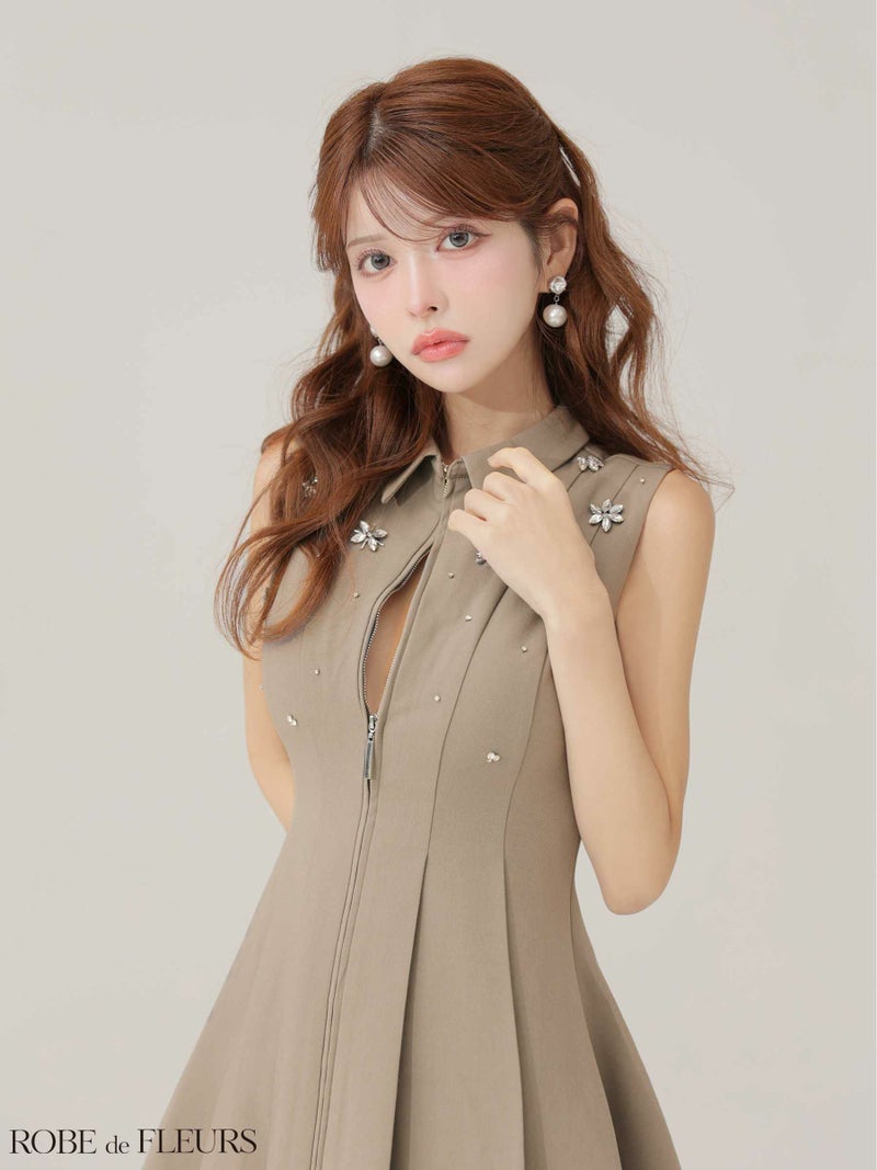 ROBE de FLEURS ローブドフルール 【XS～Lサイズあり】襟付きノースリーブフレアミニキャバドレス fm4156-c