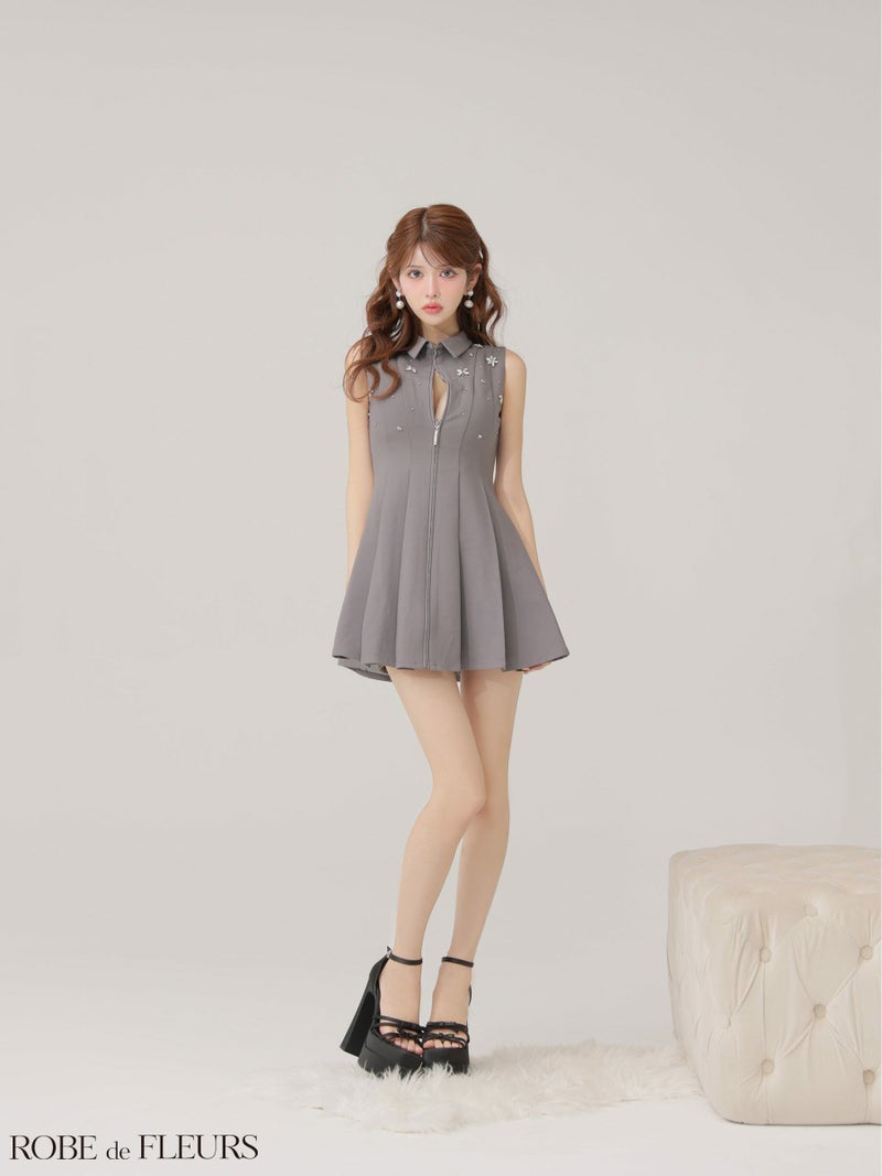 ROBE de FLEURS ローブドフルール 【XS～Lサイズあり】襟付きノースリーブフレアミニキャバドレス fm4156-c