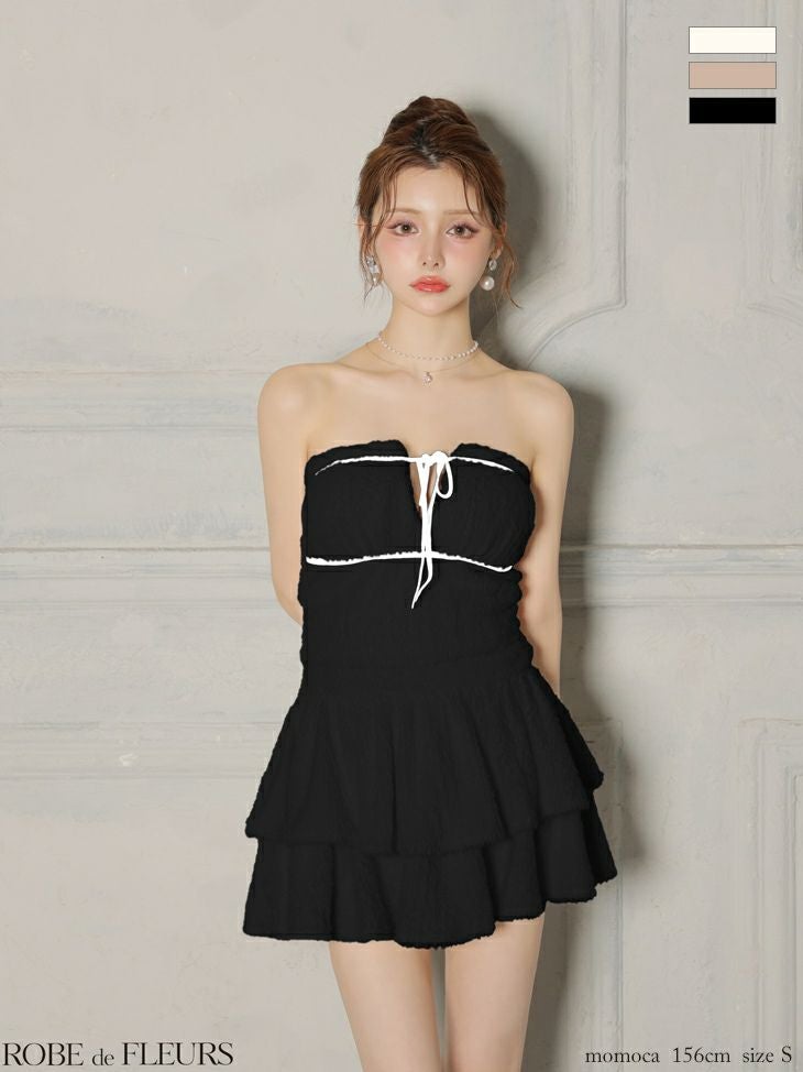 ROBE de FLEURS ローブドフルール 【XSサイズあり】 リボンフリルスカートフレアベアミニキャバドレス fm4600-c