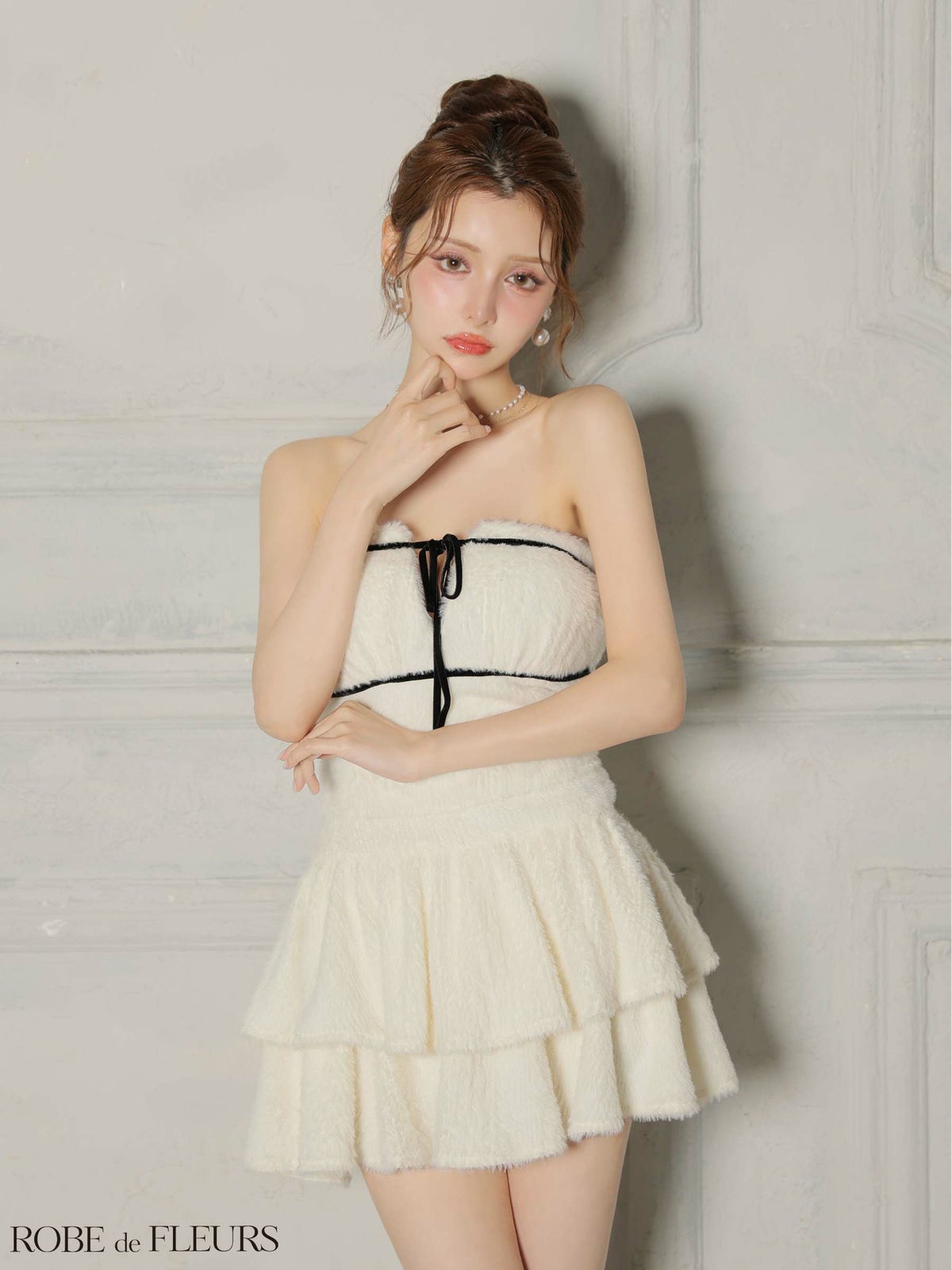 ROBE de FLEURS ローブドフルール 【XSサイズあり】 リボンフリルスカートフレアベアミニキャバドレス fm4600-c