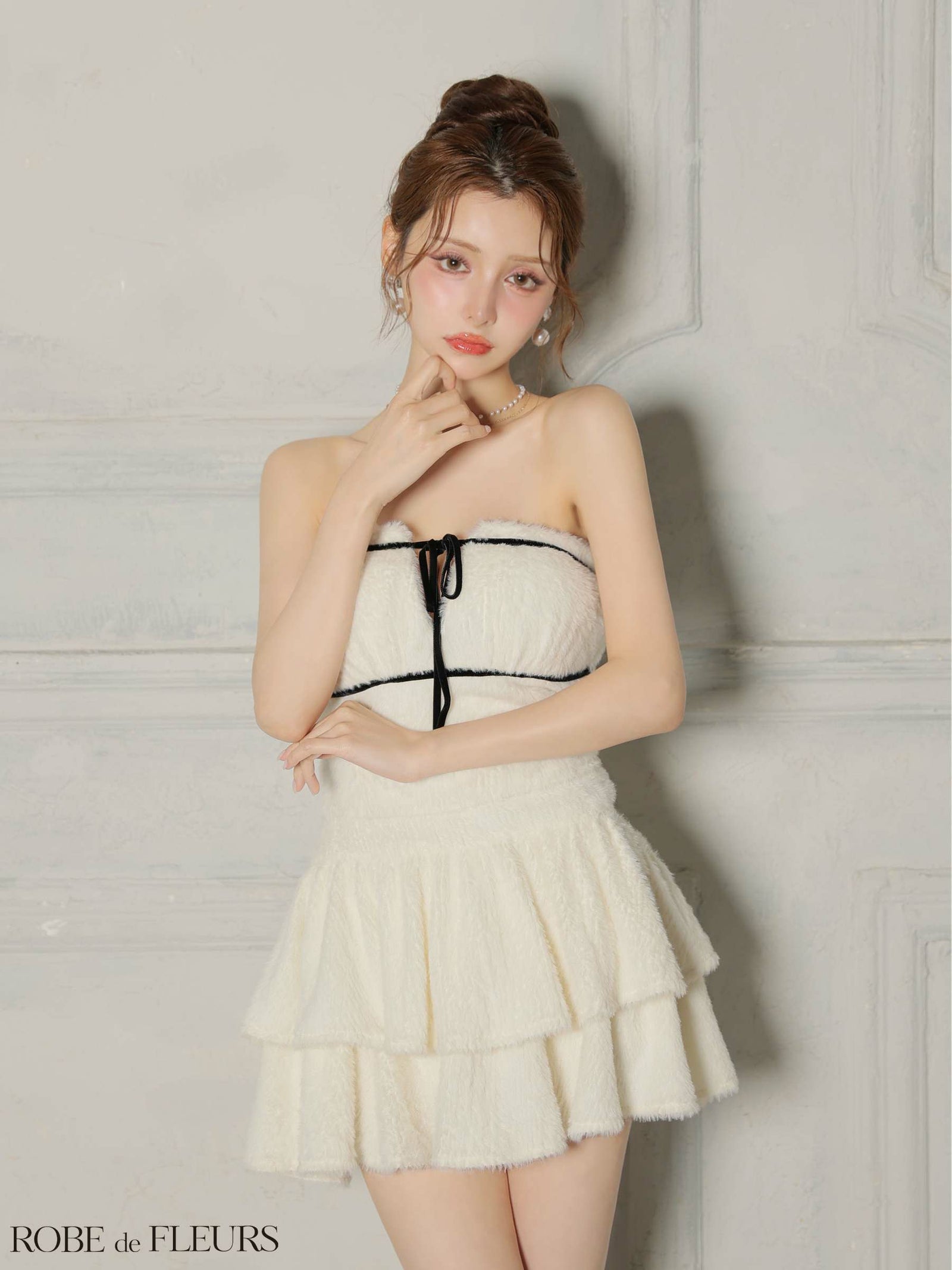 ROBE de FLEURS ローブドフルール 【XSサイズあり】 リボンフリルスカートフレアベアミニキャバドレス fm4600-c