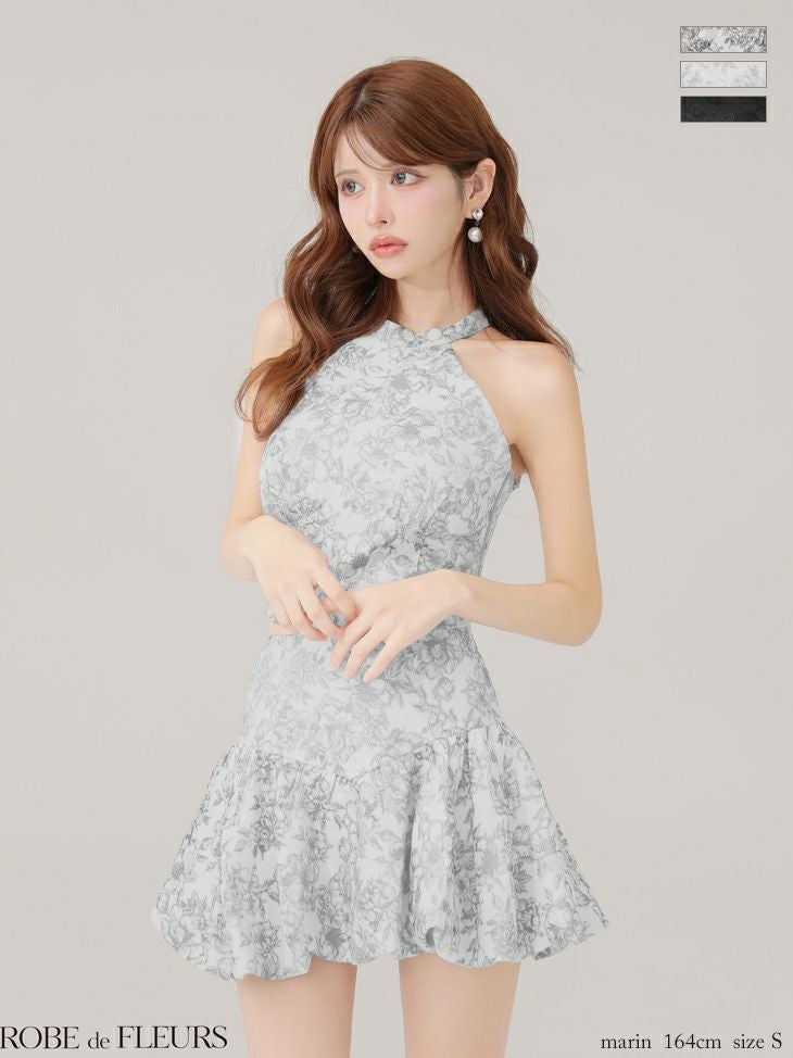 ROBE de FLEURS ローブドフルール 【XSサイズあり】ジャガードホルターネックフレアミニキャバドレス fm4624-c