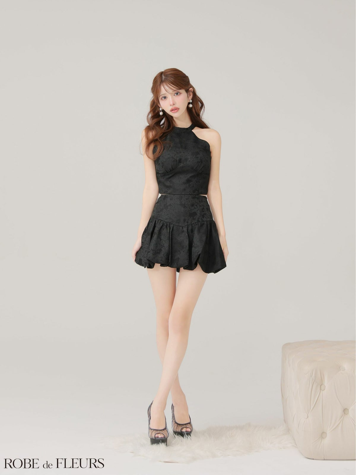 ROBE de FLEURS ローブドフルール 【XSサイズあり】ジャガードホルターネックフレアミニキャバドレス fm4624-c