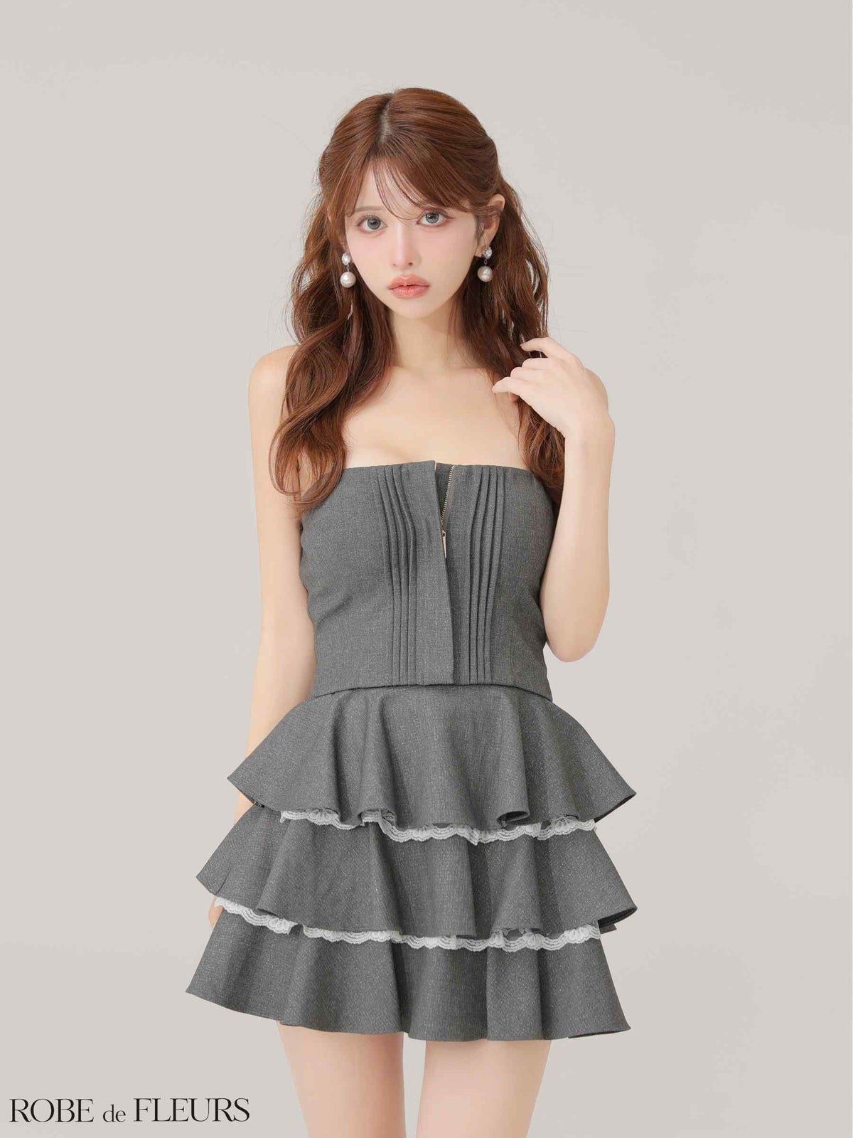  ROBE de FLEURS ローブドフルール 【XSサイズあり】 ラメツイルフリルセットアップフレアミニキャバドレス fm4328-c