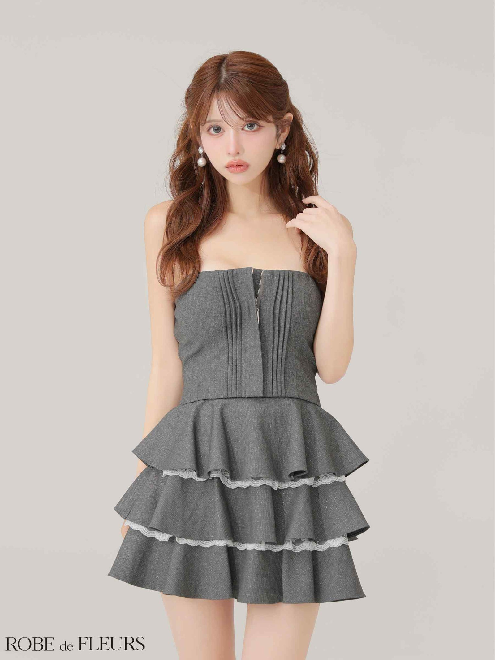  ROBE de FLEURS ローブドフルール 【XSサイズあり】 ラメツイルフリルセットアップフレアミニキャバドレス fm4328-c