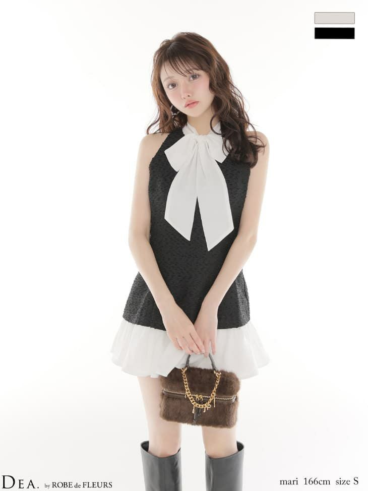 DEA. ディア バイ ローブドフルール 【XSサイズあり】 ツイードハイネックボウタイタイトセットアップミニキャバドレス de4616-c