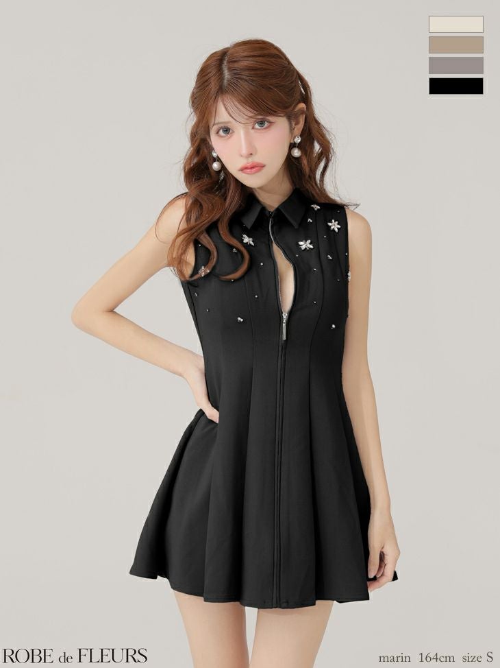 ROBE de FLEURS ローブドフルール 【XS～Lサイズあり】襟付きノースリーブフレアミニキャバドレス fm4156