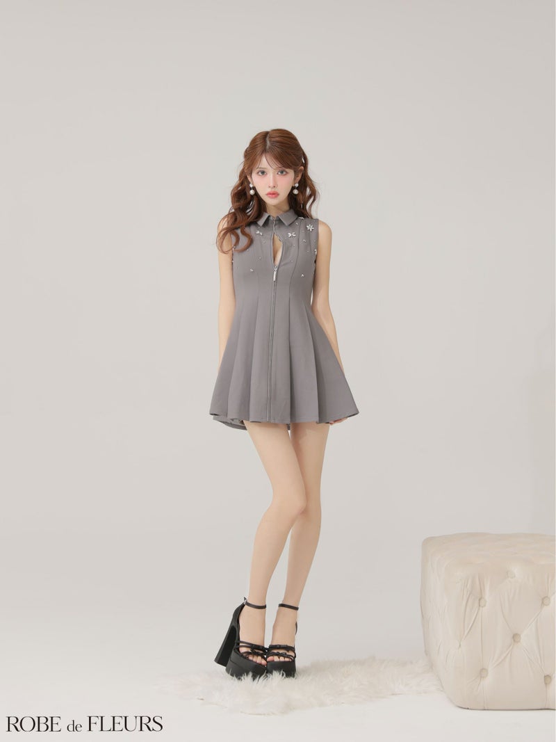 ROBE de FLEURS ローブドフルール 【XS～Lサイズあり】襟付きノースリーブフレアミニキャバドレス fm4156