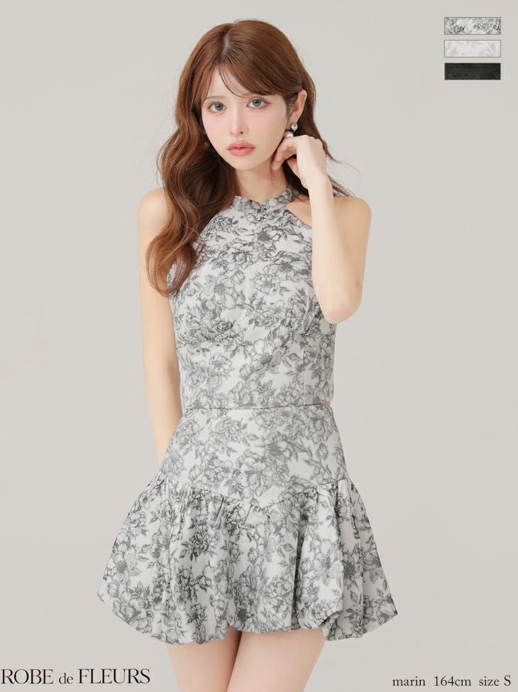 ROBE de FLEURS ローブドフルール 【XSサイズあり】ジャガードホルターネックフレアミニキャバドレス fm4624