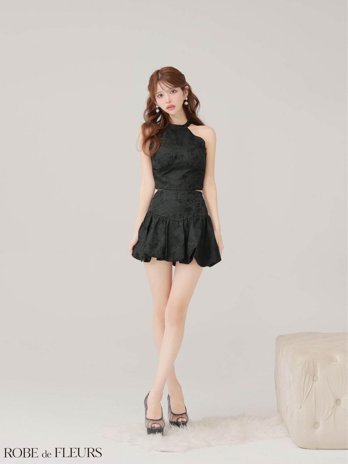 ROBE de FLEURS ローブドフルール 【XSサイズあり】ジャガードホルターネックフレアミニキャバドレス fm4624