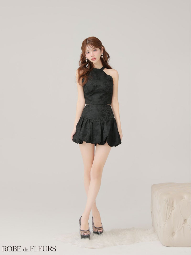 ROBE de FLEURS ローブドフルール 【XSサイズあり】ジャガードホルターネックフレアミニキャバドレス fm4624