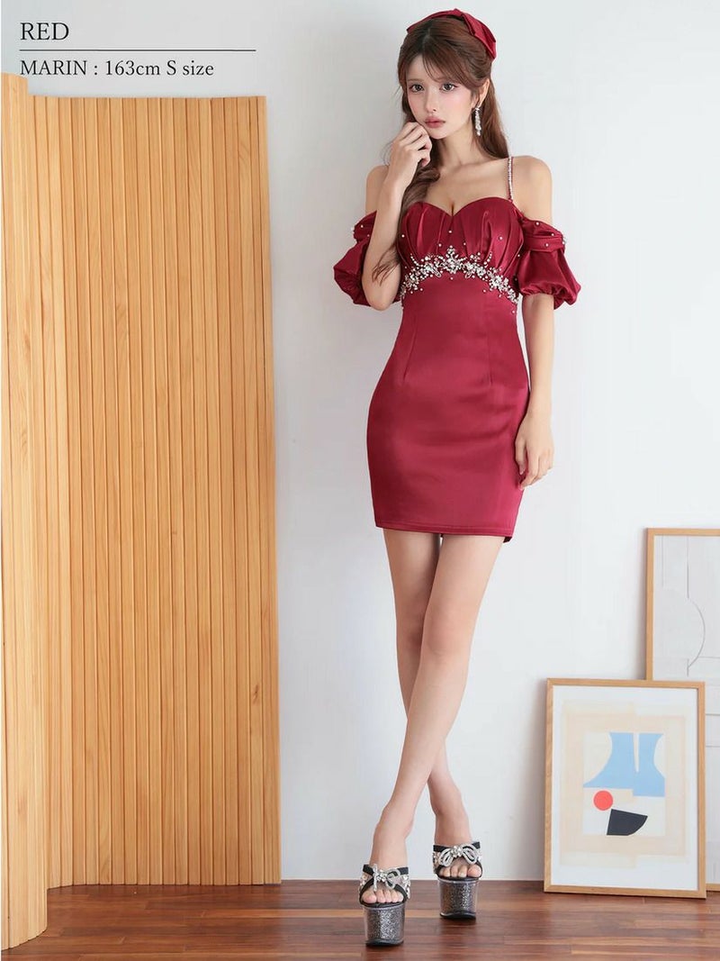 AngelR エンジェルアール オフショルダーパフスリーブバストタックリボンビジューサテンタイトミニドレス ar25255