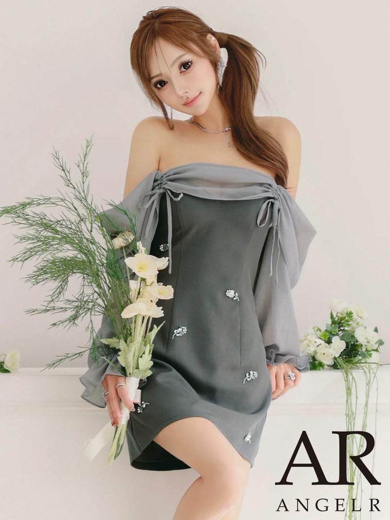 AngelR エンジェルアール オフショルダーロングスリーブシアーリボンフラワービジューバイカラーフレアミニドレス ar25873