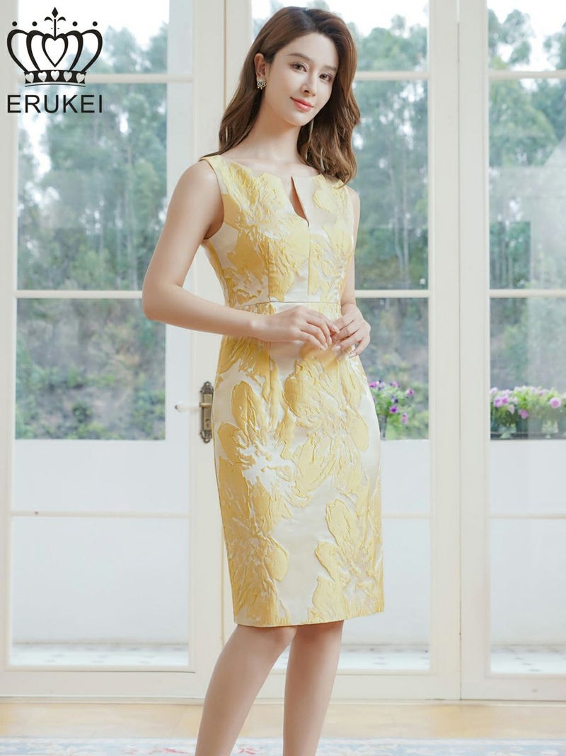 ERUKEI エルケイ ノースリーブ・花柄・ジャガード・胸元スリットカット・タイト・ミディアムドレス・ワンピース ek-e25098