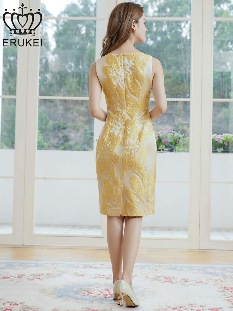 ERUKEI エルケイ ノースリーブ・花柄・ジャガード・胸元スリットカット・タイト・ミディアムドレス・ワンピース ek-e25098