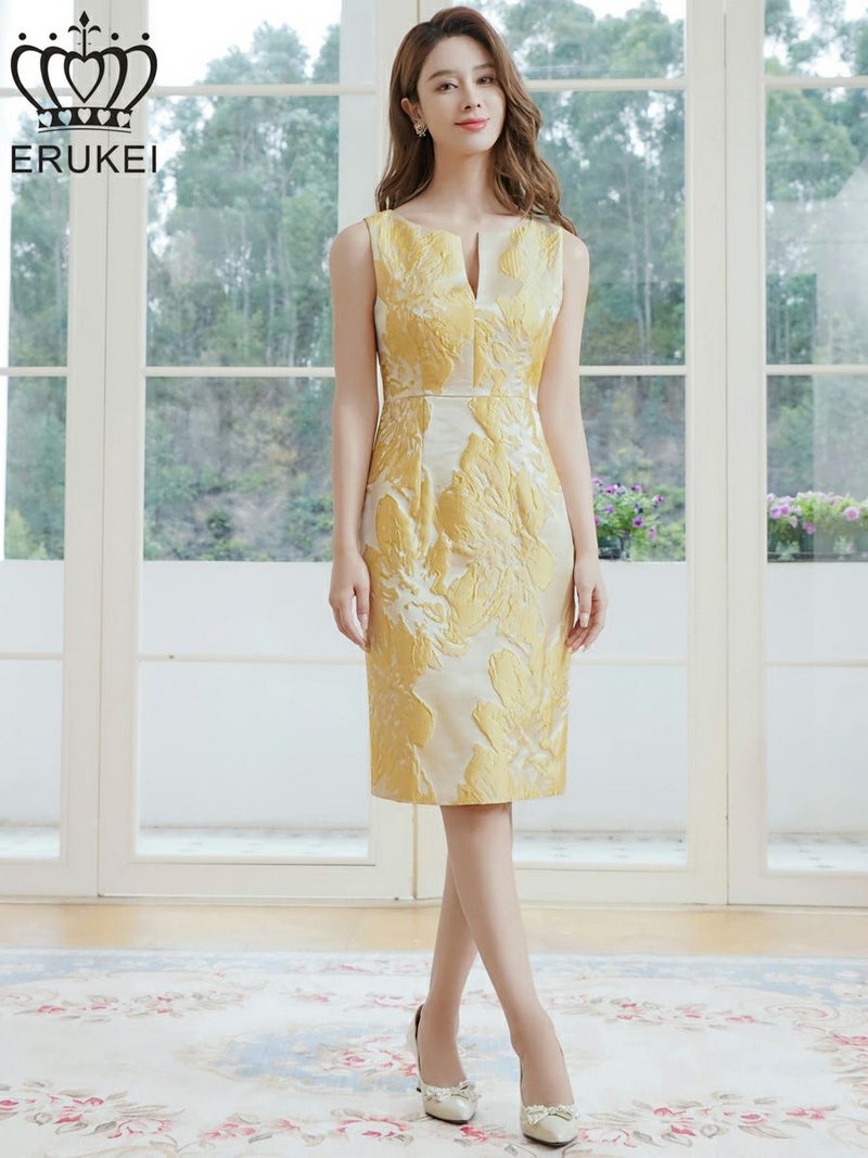 ERUKEI エルケイ ノースリーブ・花柄・ジャガード・胸元スリットカット・タイト・ミディアムドレス・ワンピース ek-e25098