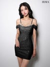 IRMA イルマ オフショル/ドレープ/バストビジュー/スパンコール/ラメニット/タイト ミニドレス  ir51990