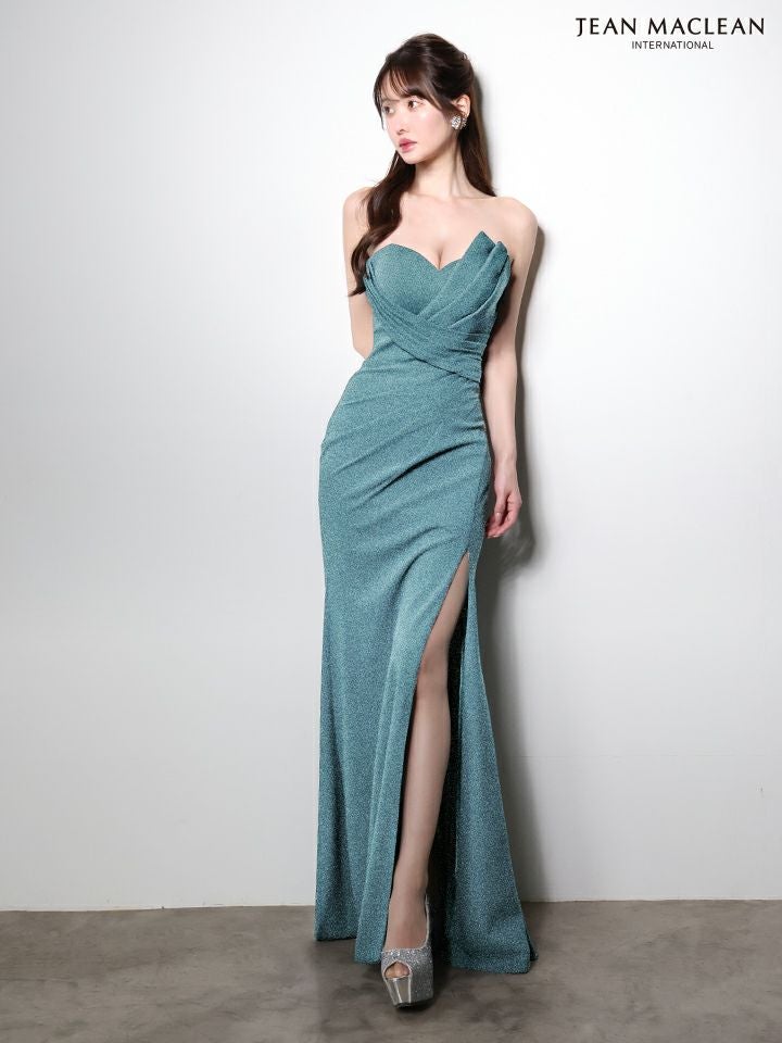 JEAN MACLEAN ジャンマクレーン ワンカラー/ベアトップ/アシンメトリー/タックデザイン/ラメニット/スリット入り/タイト ロングドレス ja51000