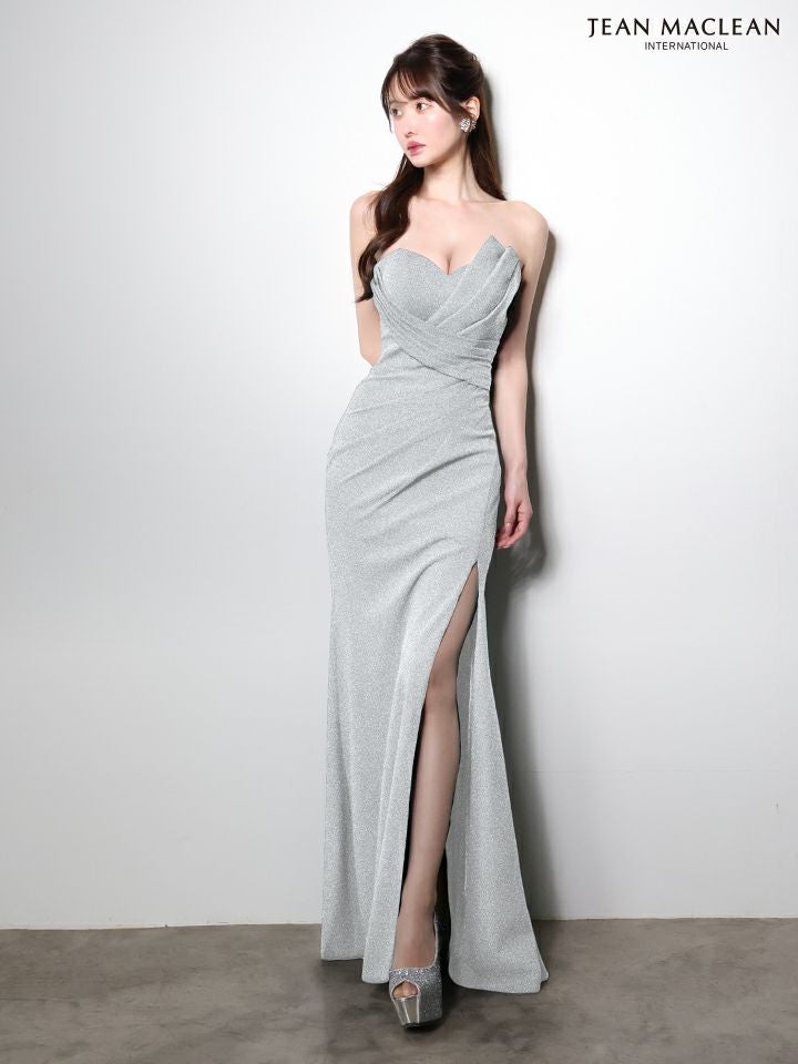 JEAN MACLEAN ジャンマクレーン ワンカラー/ベアトップ/アシンメトリー/タックデザイン/ラメニット/スリット入り/タイト ロングドレス ja51000