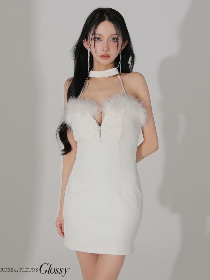 Glossy ローブドフルールグロッシー 【XSサイズあり】 ファー付きベロアチョーカータイトミニキャバドレス gl3949