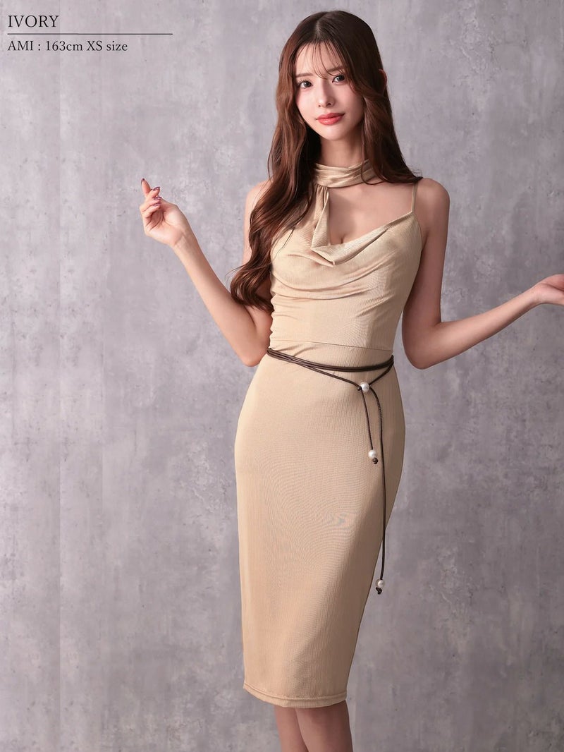 Veautt ヴュート アシンメトリーネックドレープベルト付きタイトミディアムドレス vt022528-ks