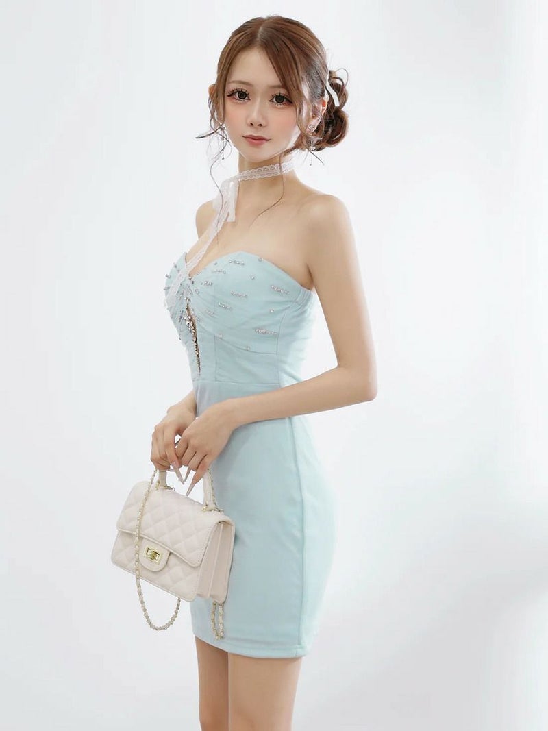 AngelR エンジェルアール フロントカットビジューメッシュタイトマイクロミニドレス ar25875