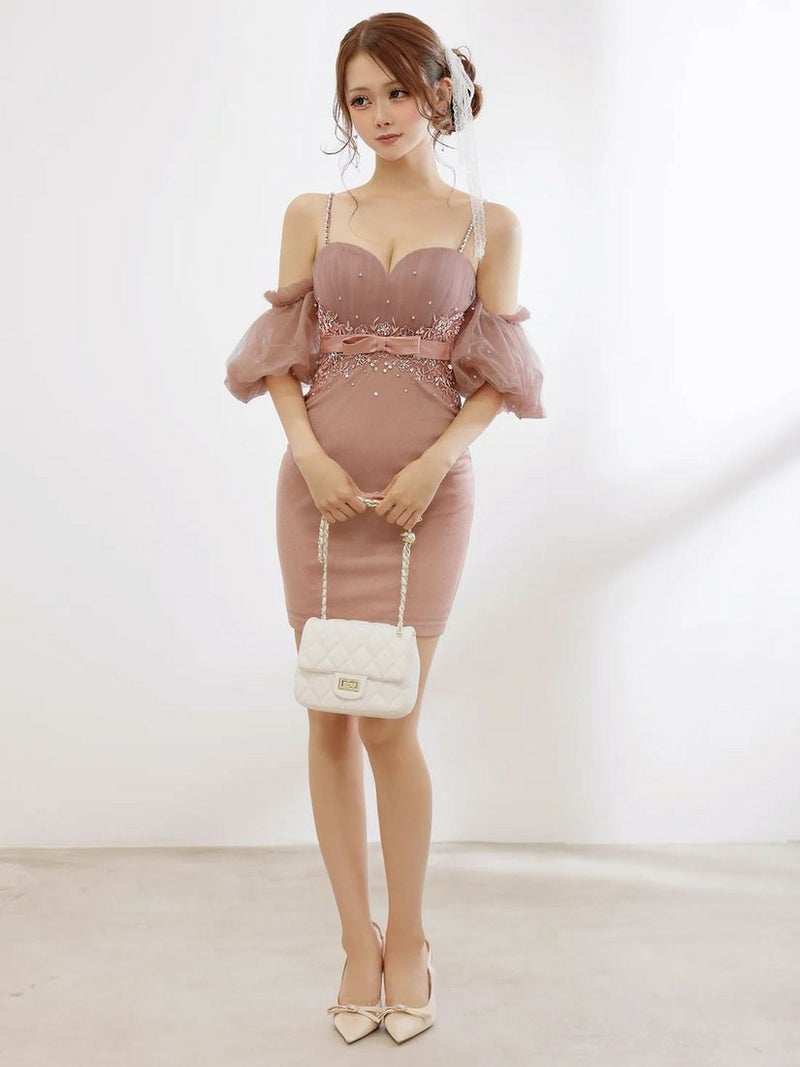 AngelR エンジェルアール メッシュパフスリーブフラワーウエストリボンビジューバストハートカットタイトマイクロミニドレス ar25876