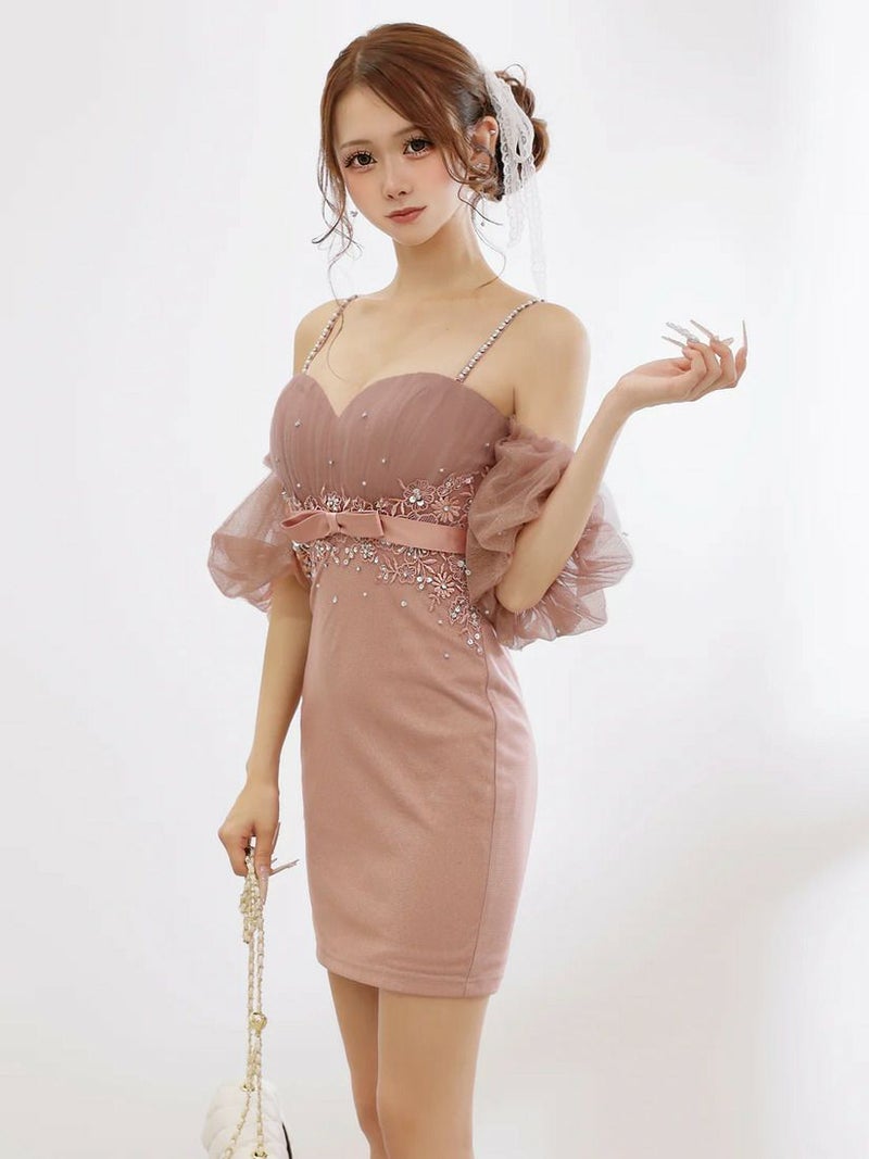 AngelR エンジェルアール メッシュパフスリーブフラワーウエストリボンビジューバストハートカットタイトマイクロミニドレス ar25876