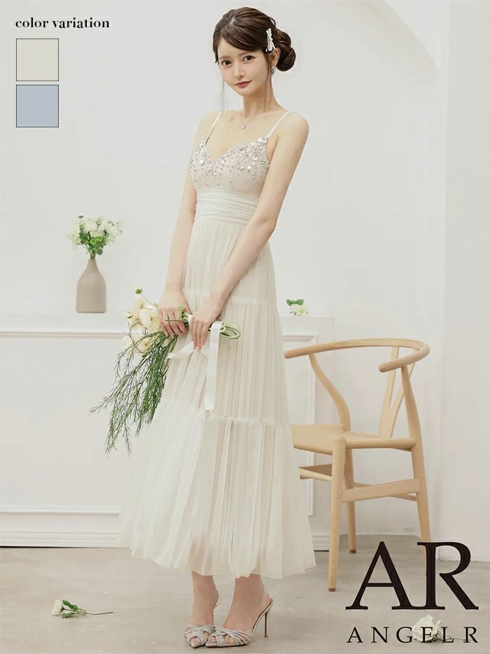 AngelR エンジェルアール フロントビジューネックパールウエストマークメッシュシアーフレアマキシロングドレス ar25877-ks