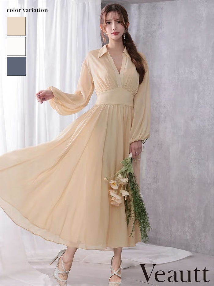 Veautt ヴュート ロングスリーブウエストマーク襟付きフレアミディアムドレス vt082532