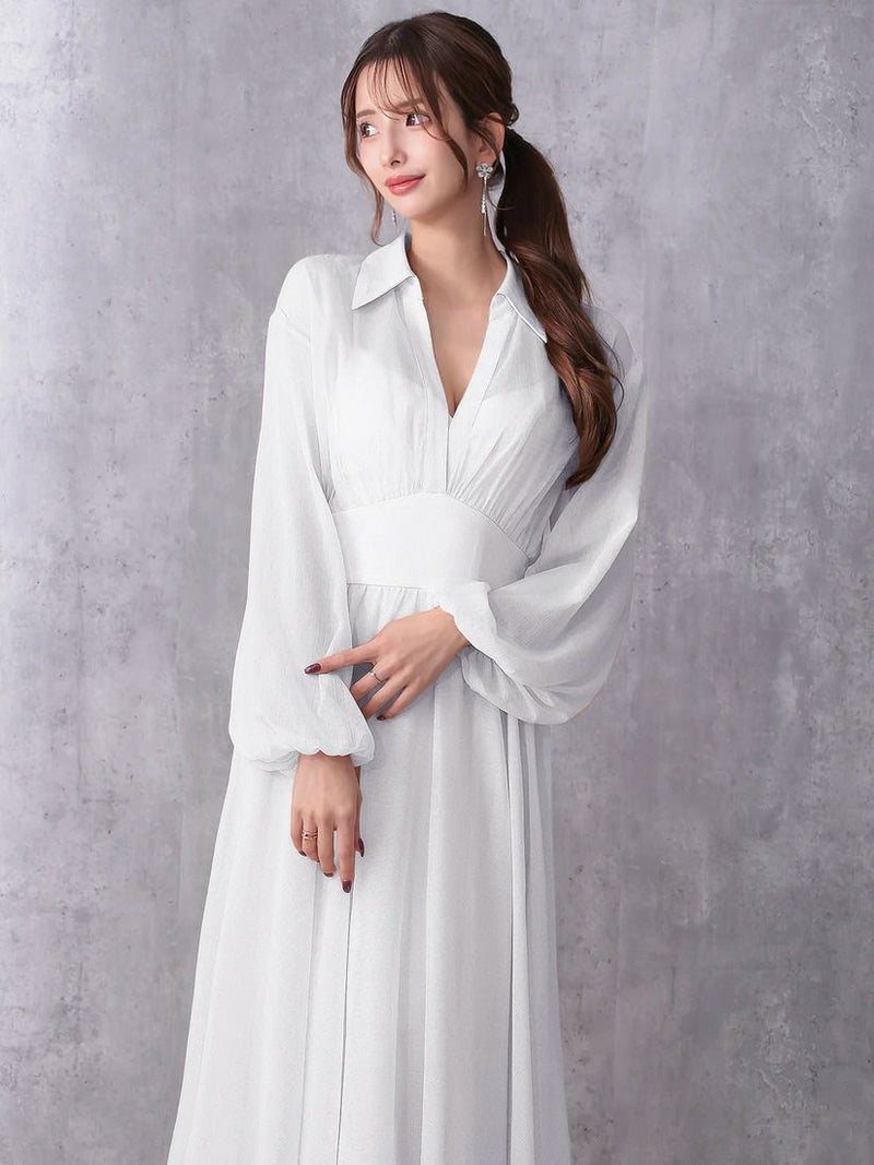 Veautt ヴュート ロングスリーブウエストマーク襟付きフレアミディアムドレス vt082532