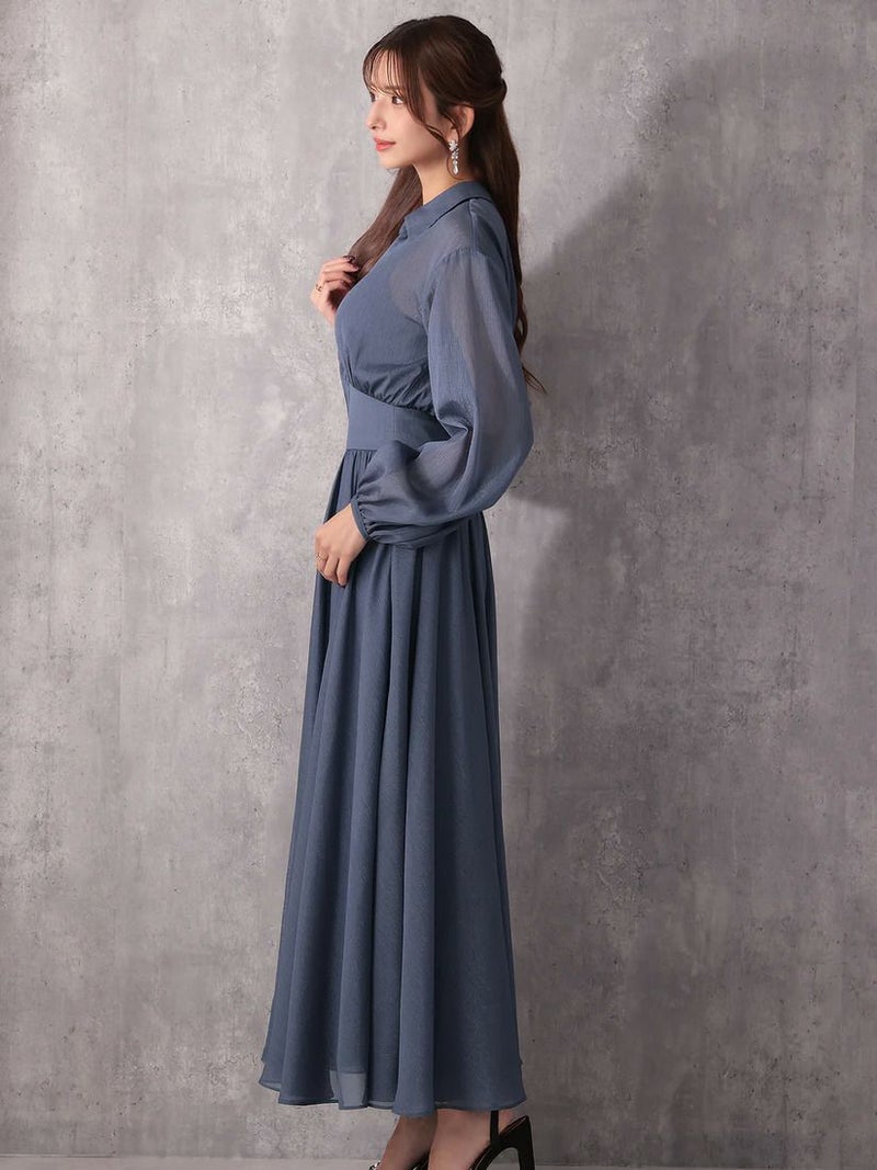 Veautt ヴュート ロングスリーブウエストマーク襟付きフレアミディアムドレス vt082532