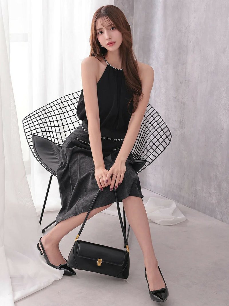 Veautt ヴュート ホルダーネックチェーンサテンプリーツバイカラーフレアミディアムドレス  vt022529