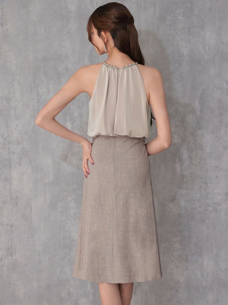 Veautt ヴュート ホルダーネックチェーンサテンプリーツバイカラーフレアミディアムドレス  vt022529