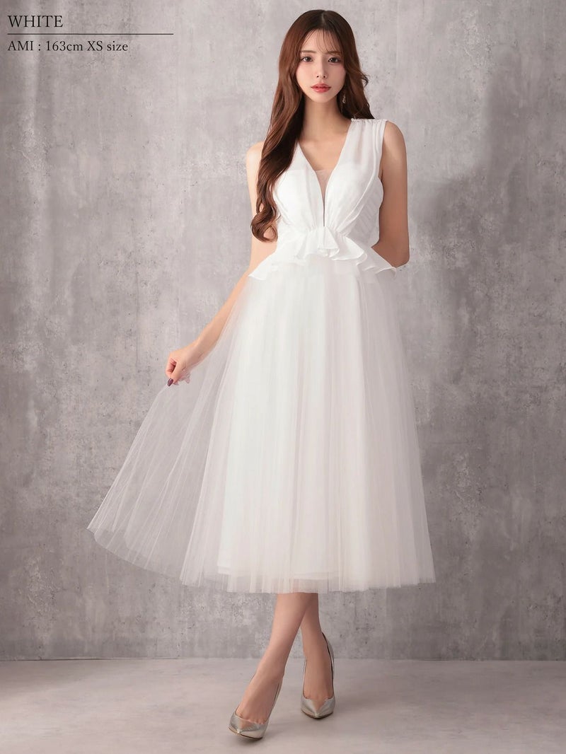 Veautt ヴュート ノースリーブウエストフリルペプラムデザインチュールシフォンロングフレアミディアムドレス  vt082531