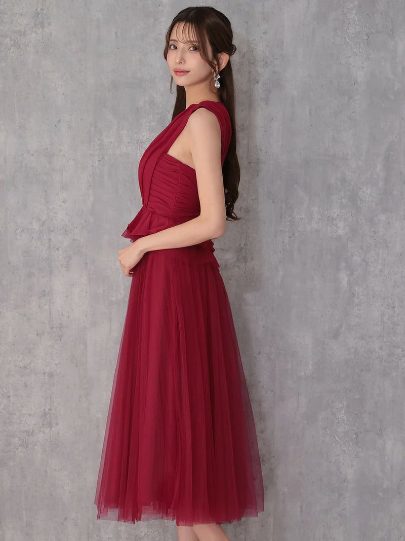 Veautt ヴュート ノースリーブウエストフリルペプラムデザインチュールシフォンロングフレアミディアムドレス  vt082531