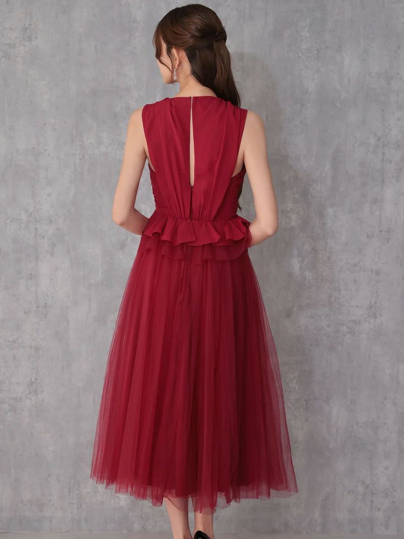 Veautt ヴュート ノースリーブウエストフリルペプラムデザインチュールシフォンロングフレアミディアムドレス  vt082531