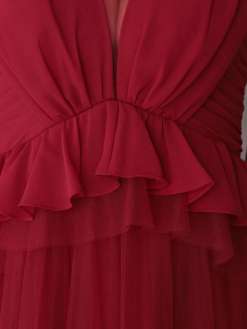 Veautt ヴュート ノースリーブウエストフリルペプラムデザインチュールシフォンロングフレアミディアムドレス  vt082531