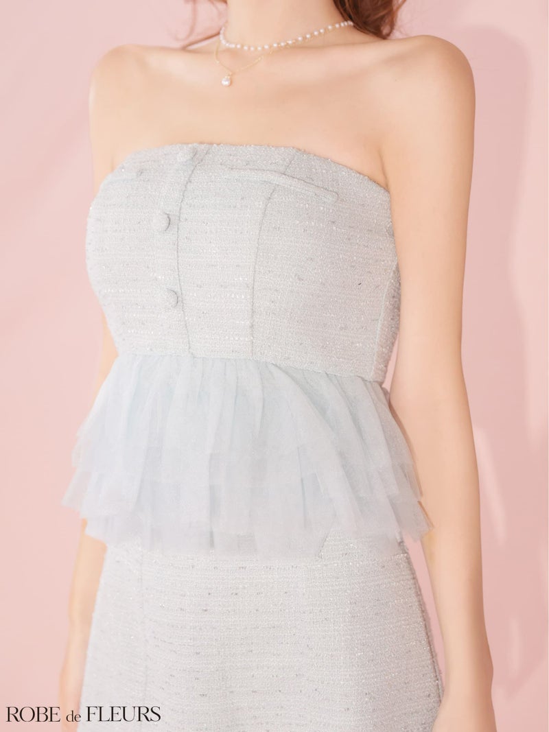 ROBE de FLEURS ローブドフルール 【XSサイズあり】 ベアラメツイードチュールフリルセットアップミニキャバドレス fm4336-c