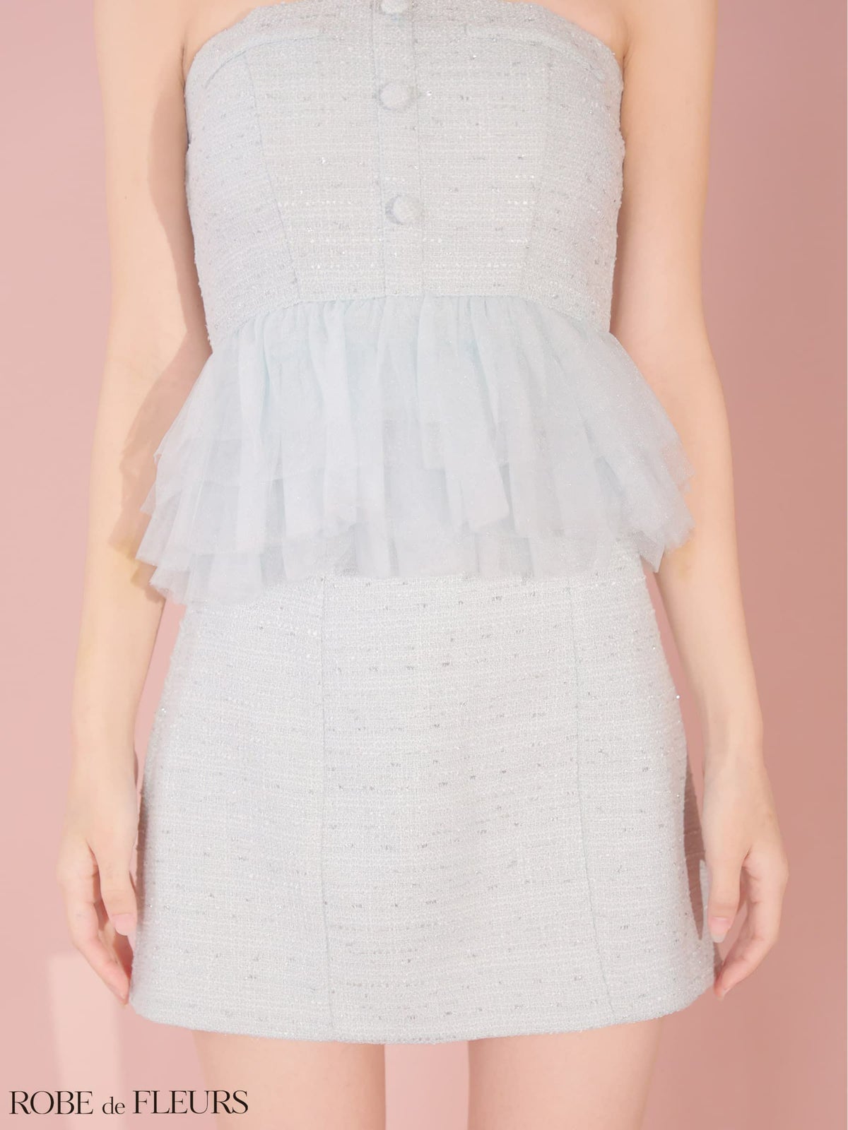 ROBE de FLEURS ローブドフルール 【XSサイズあり】 ベアラメツイードチュールフリルセットアップミニキャバドレス fm4336-c
