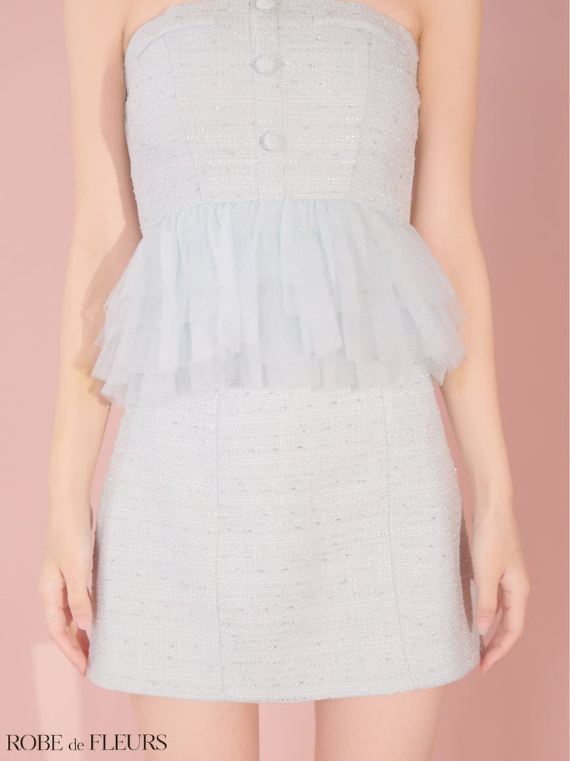 ROBE de FLEURS ローブドフルール 【XSサイズあり】 ベアラメツイードチュールフリルセットアップミニキャバドレス fm4336-c