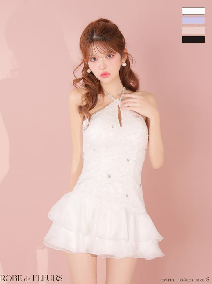 ROBE de FLEURS ローブドフルール 【XSサイズあり】 フラワーレースホルターネックティアードフレアミニキャバドレス fm4339-c
