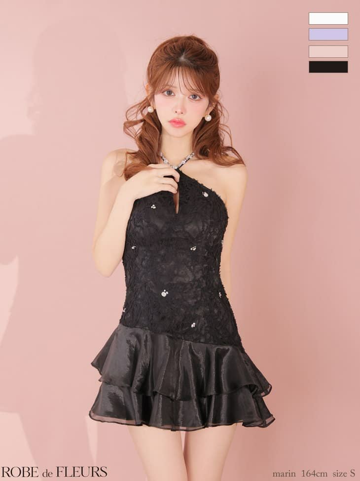 ROBE de FLEURS ローブドフルール 【XSサイズあり】 フラワーレースホルターネックティアードフレアミニキャバドレス fm4339-c
