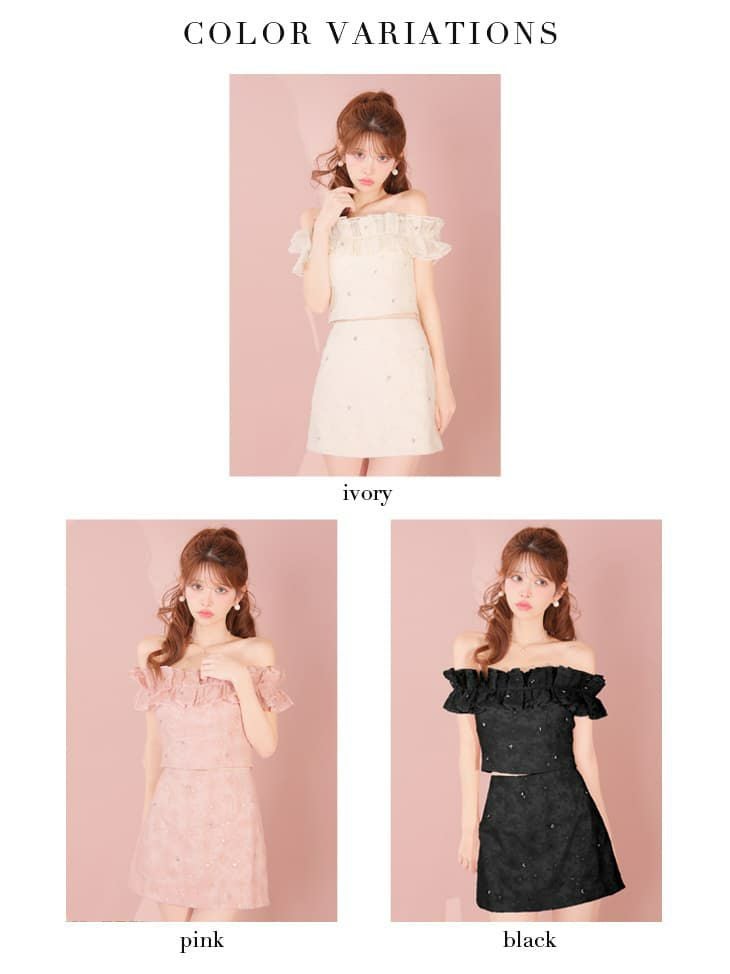ROBE de FLEURS ローブドフルール 【XSサイズあり】 オフショルフラワーレースフリル袖セットアップミニキャバドレス fm4342-c