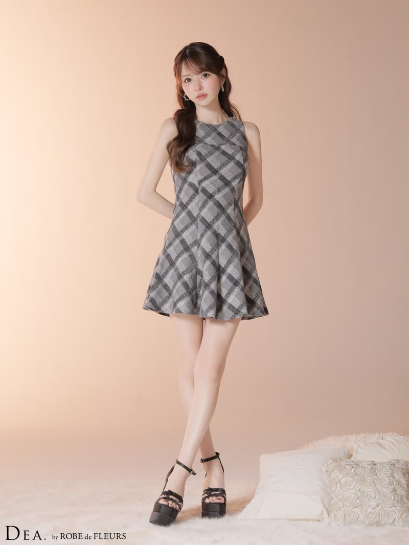 DEA. ディア バイ ローブドフルール 【XSサイズあり】 ツイードチェックノースリーブフレアミニキャバドレス de4620-c