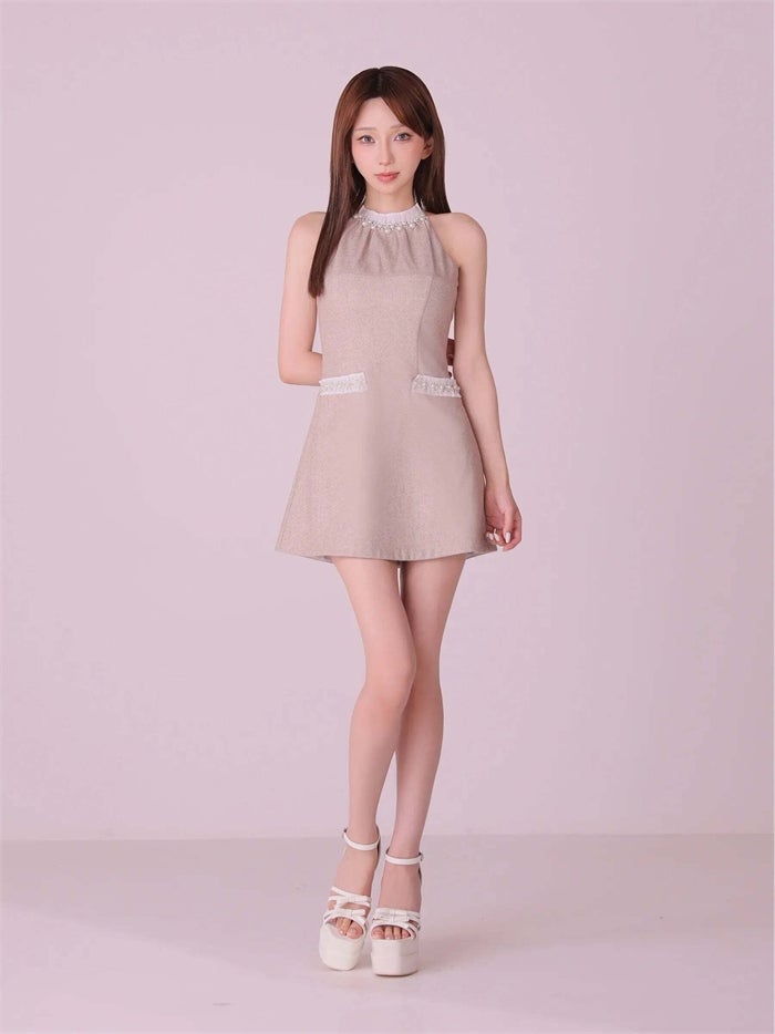 ROBE de FLEURS anier.ROBE ローブドフルール アニエルローブ Glitter flannel halter pearl mini dress fm-anier4057-c