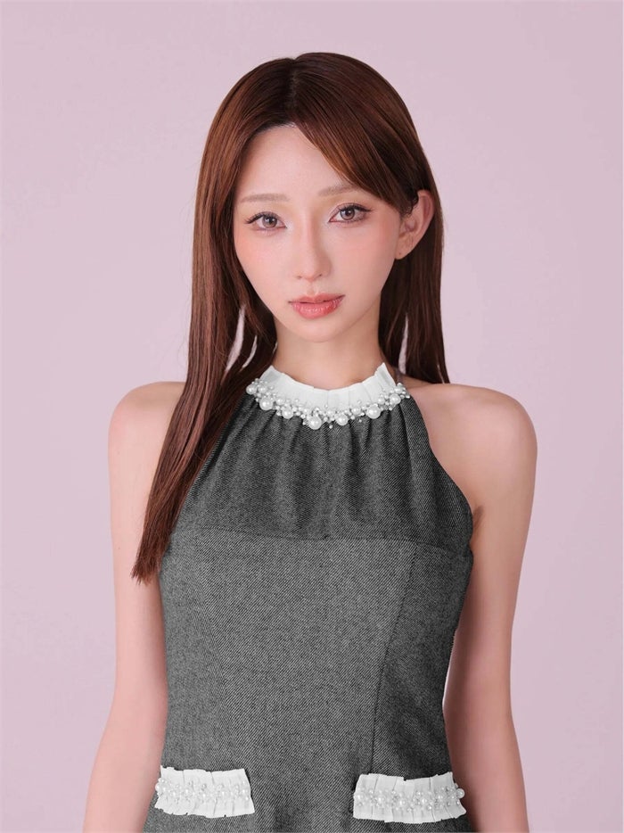 ROBE de FLEURS anier.ROBE ローブドフルール アニエルローブ Glitter flannel halter pearl mini dress fm-anier4057-c